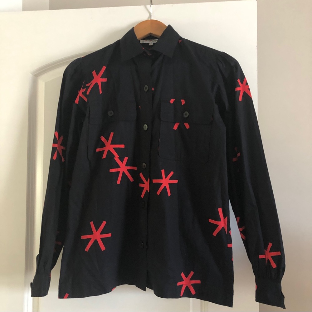 Vintage 1970 Yves Saint Laurent black/red puff-sleeve button-down shirt - SZ 36